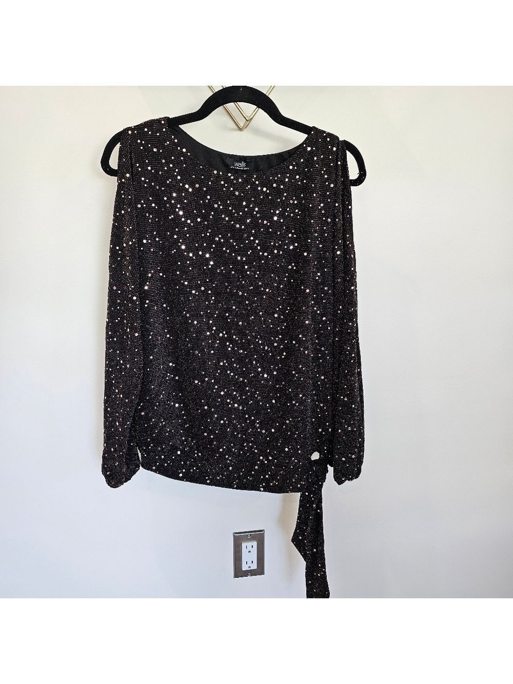 Wallis Cold Open Shoulder Side Tie Rose Gold Sequin Burgandy Wine Top Sz Medium